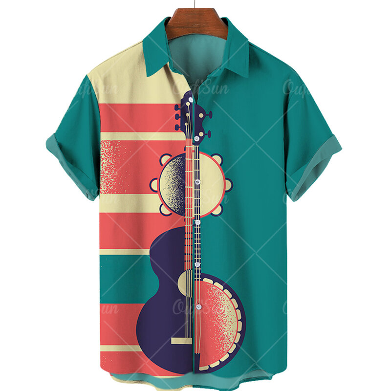 เสื้อฮาวายฤดูร้อนสำหรับผู้ชายเสื้อพิมพ์ลายกีตาร์เสื้อแฟชั่นเสื้อร็อคแอนด์โรลลำลองโอเวอร์ไซส์