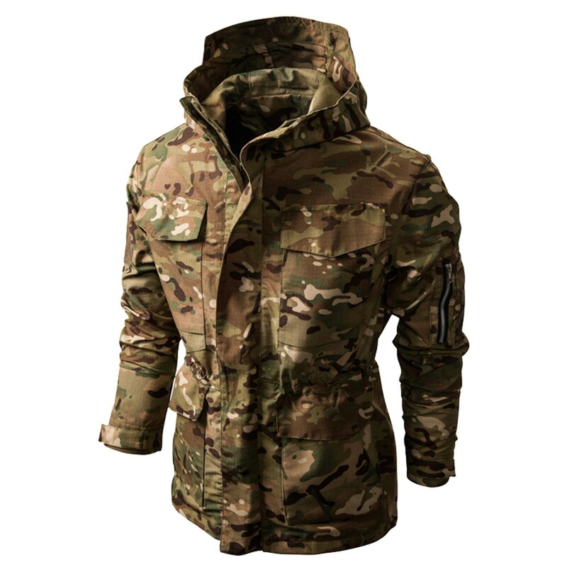 Jaqueta com capuz camuflagem manga comprida masculina, pulôver de cordão, jaqueta de veludo, impermeável, Windproof, tático, ao ar livre, Plus