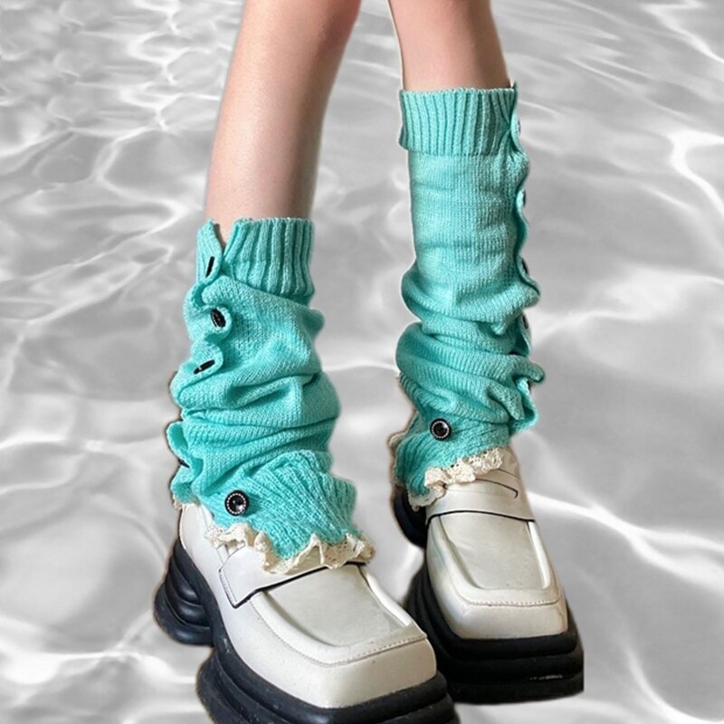 Button Design Leg Warmers Harajuku Women Girls Knitted Knee High Socks Ruffle Lace Trim Stretchy Foot Covers Stockings