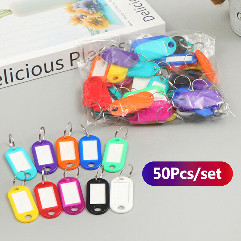 Keychain plástico colorido com anel Split, Tags, etiqueta chave, etiqueta da bagagem, etiqueta de identificação, 20 PCs, 30 PCs, 50PCs