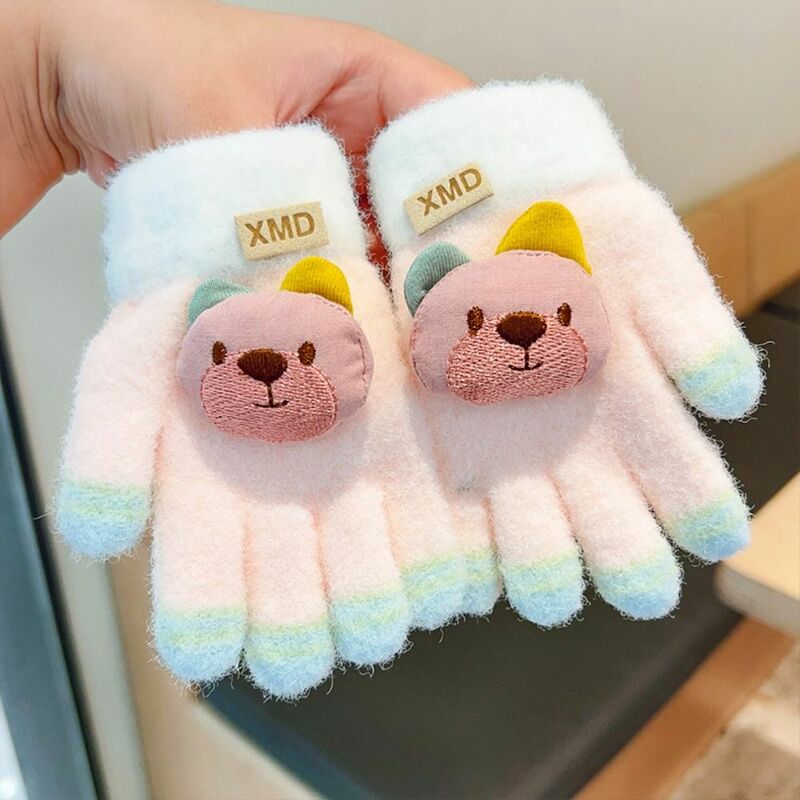 Kids Cartoon Bear Knitted Gloves Thickened Plush Windproof Gloves Winter Warm Outdoor Sports Children Full Fingers Gloves