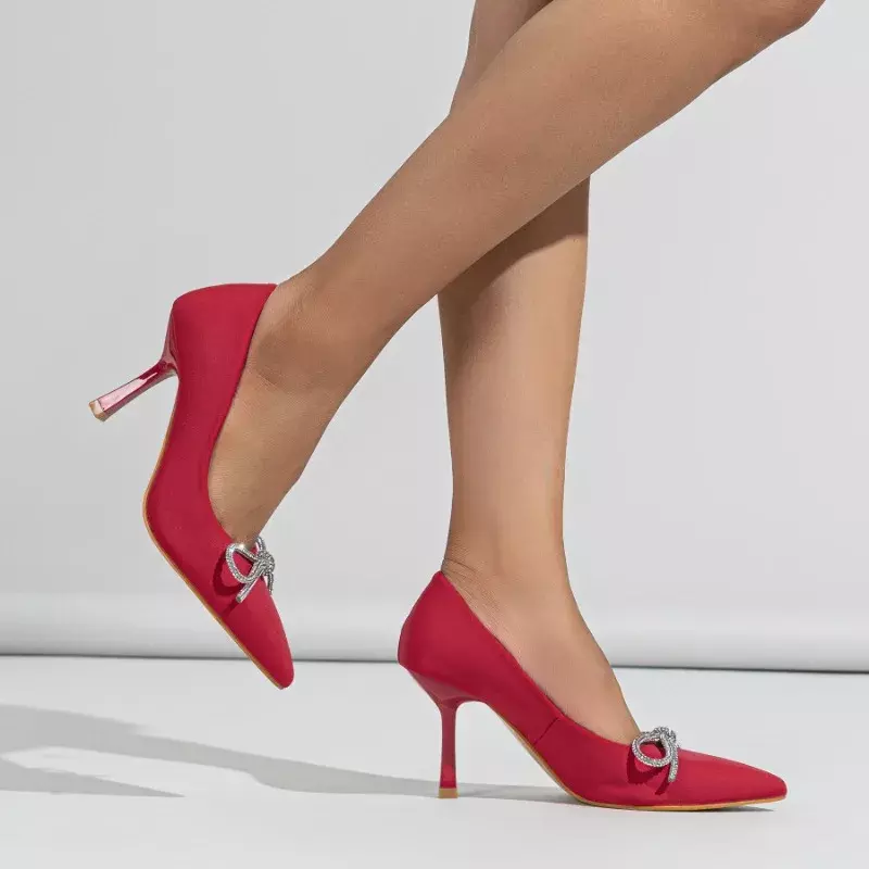 2024 Sommer neue High Heels Damen Luxus Strass Bogen sexy spitzen Kleid Party Mujer Zapatos elegante einfarbige High Heels