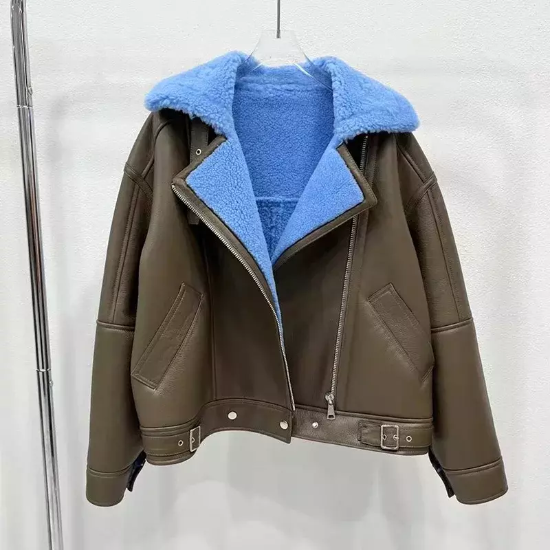 Zimowe grube futrzane kurtka w stylu Shearling płaszcz z prawdziwej owczej skóry pani z kołnierzem wełniany płaszcz moda Streetwear ciepła