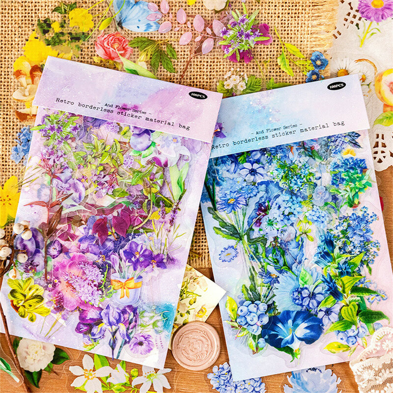 Botânico vintage adesivos para scrapbook, flores estéticas, material de conta mão, papelaria decorativa, 6 estilos, 100pcs por saco