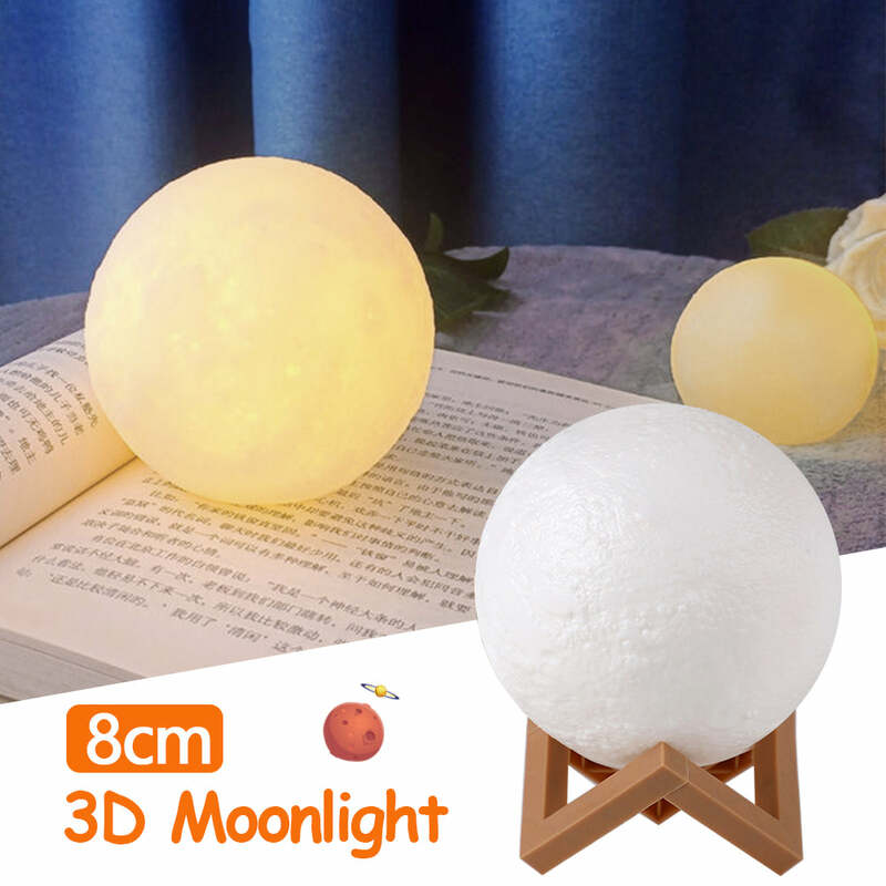 Лунная лампа 8 см, 3D светильник на батарейках с подставкой, звездная лампа, искусственная звезда, украшение для спальни, ночник, детский подарок, Лунная лампа