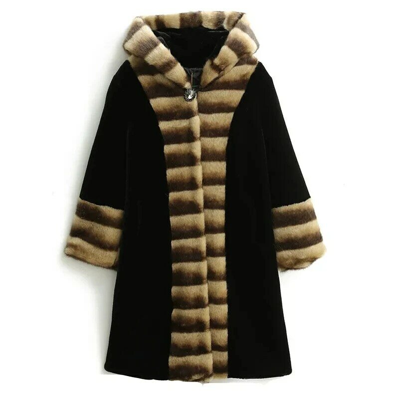 Haining-abrigo largo de visón para mujer, abrigo de imitación con solapa de conejo, talla grande