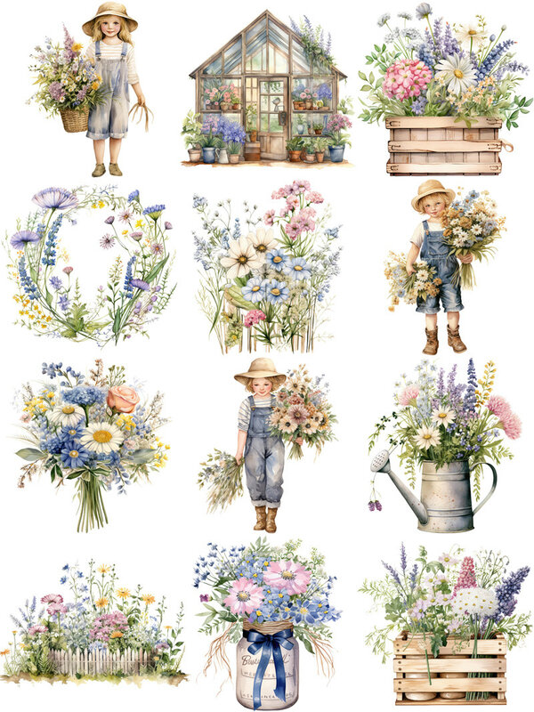 Autocollants fleurs sauvages au printemps, 12 pièces/paquet, étiquette scrapbooking artisanale, décoratif pour album junk journal