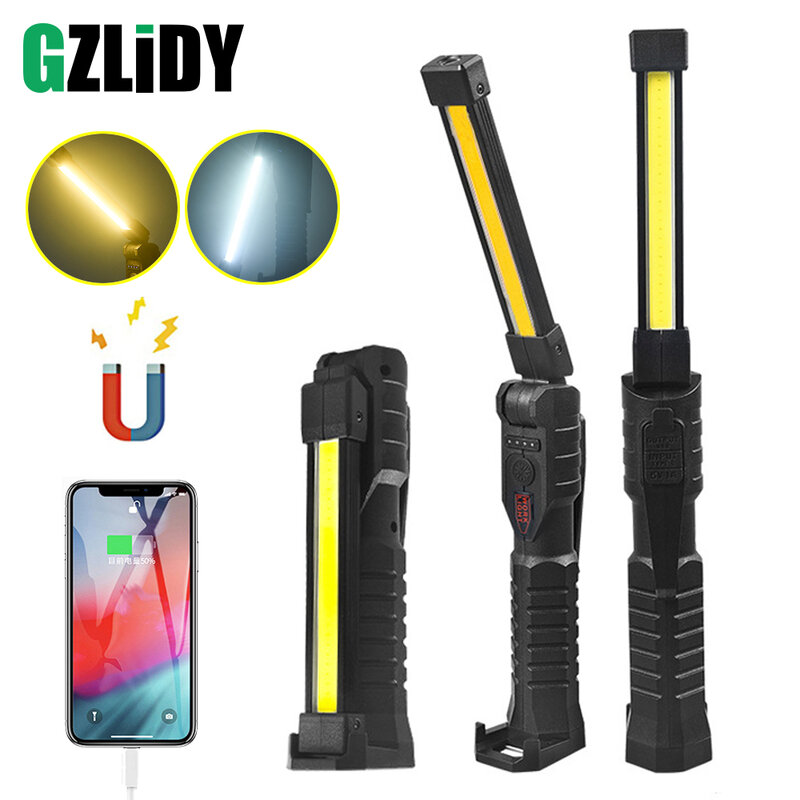 Powerful LED Work Light COB Flashlight with Magnet Camping Lantern USB Rechargeable 18650 Torch Waterproof Power Bank Lamps