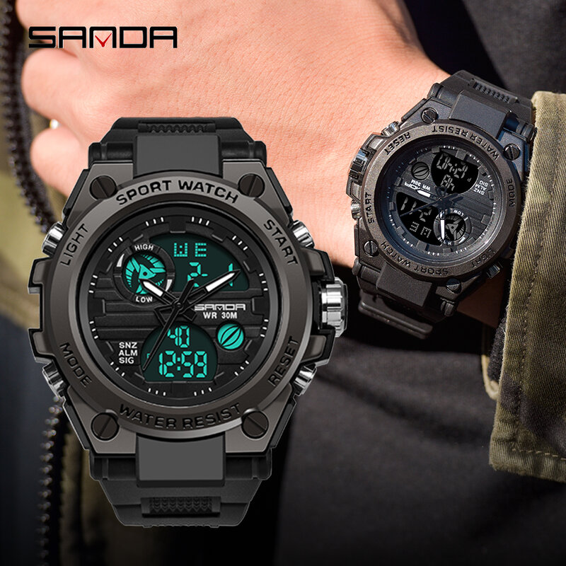 SANDA 739 Fashion Casual Men Watches LED Digital Luminous Sports Military Outdoors Quartz Clock 50M Waterproof Luxury Men Watch