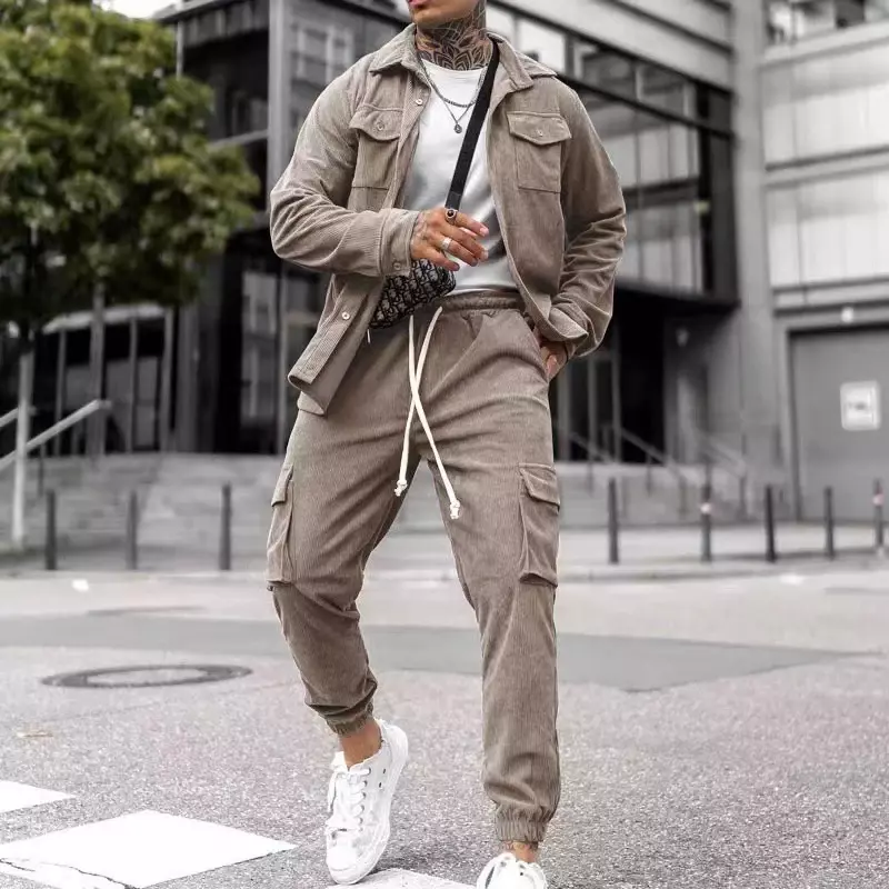 2024 nowy Trend w stylu Casual Streetwear Man zestawy dwuczęściowe moda luźne spodnie Cargo stroje męskie Vintage jednolity kolor, długi płaszcz z rękawami garnitur
