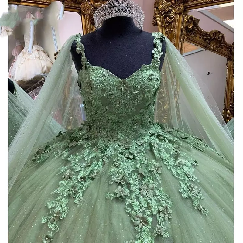Vestido De quinceañera verde salvia, Vestidos De quinceañera, Apliques De encaje hechos a mano en 3D con capa De cristal, 15 Vestidos De XV Años
