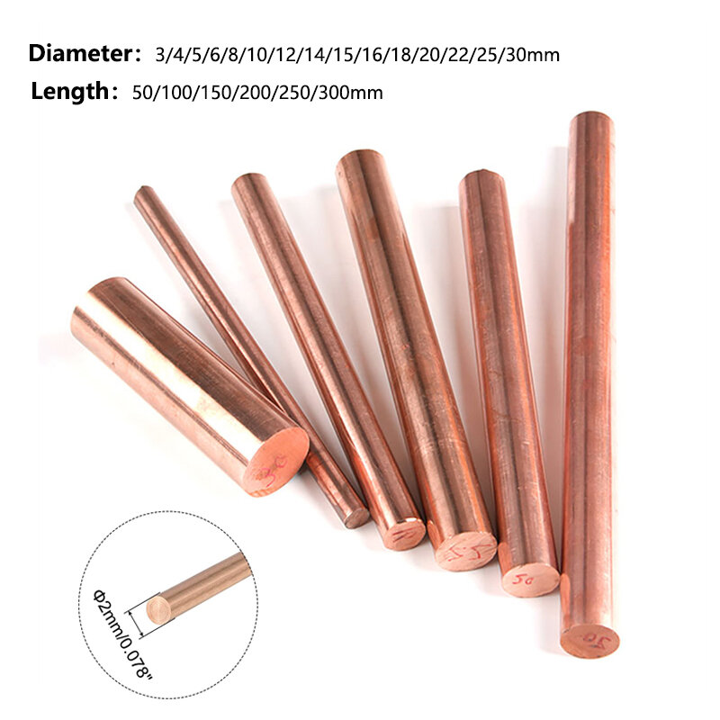 Barra redonda de cobre de varios tamaños, varillas de metal, diámetro de 3mm -30mm, longitud de 100mm, 1/5 piezas