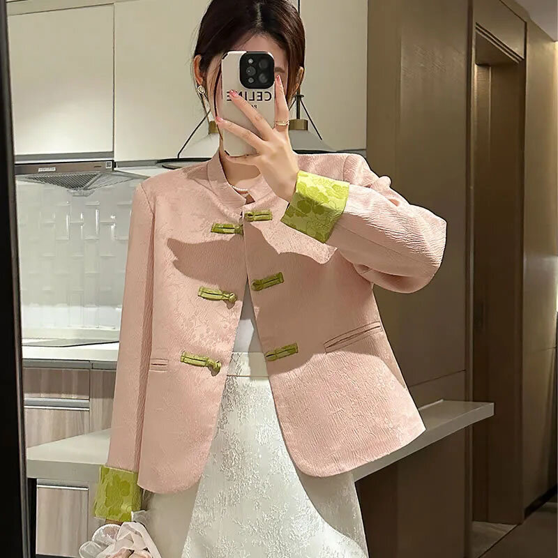 여성용 단추 짧은 재킷, 우아한 루즈 긴팔, 중국 자카드 코트, 상의, 용수철 가을, 2024 신상