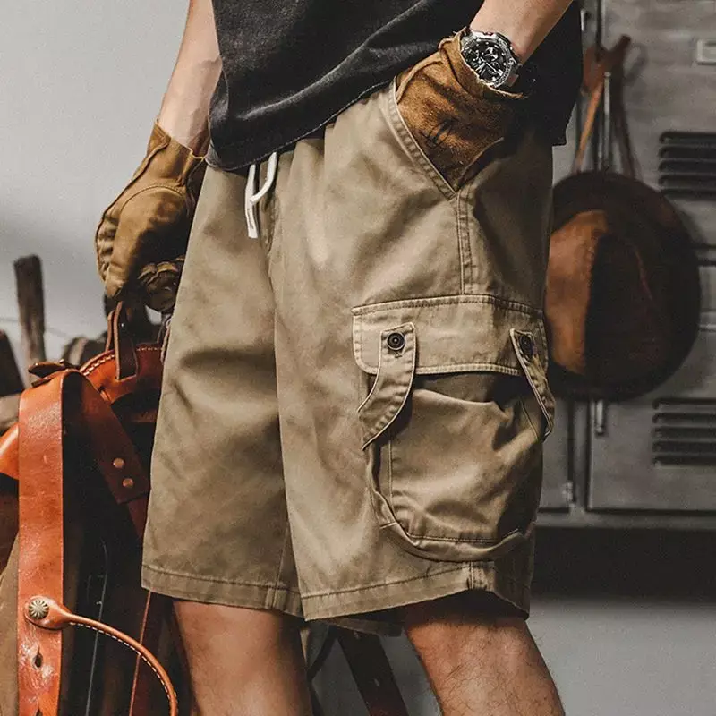 Męskie bermudy krótkie spodnie Khaki guziki męskie szorty bojówki pół lata luksusowa przednia kieszeń elastyczna talia darmowa wysyłka wygodne