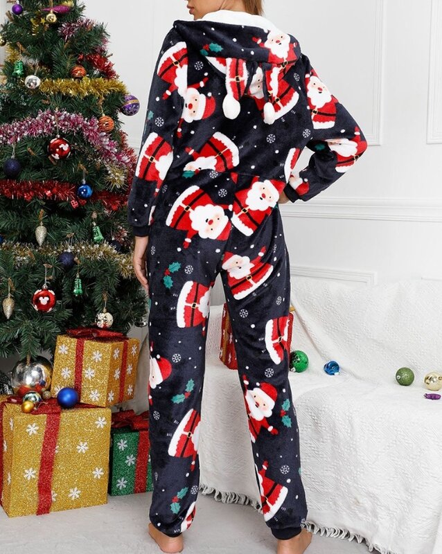 Monos largos con capucha para mujer, monos elegantes con estampado de árboles de Navidad, Papá Noel, copo de nieve, con orejas de cachorro, 2023