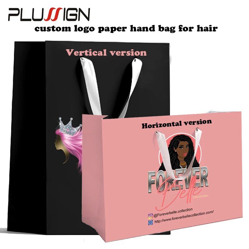 Bolsa de caja de peluca con logotipo personalizado, embalaje exquisito, 36Cm x 26Cm, 25Cm x 20Cm, bolsa de papel con cinta de seda, asas de cordón, haga su propio logotipo, 20 piezas