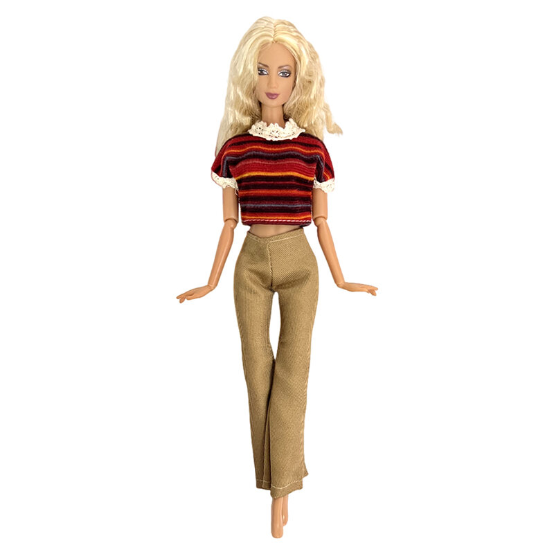 Nk oficial senhora roupas para boneca barbie 1/6 bjd bonecas acessórios moda roupas stipe camisa + longo trouseres brinquedos