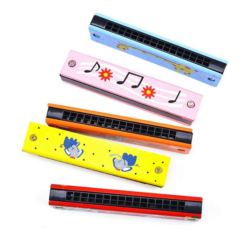 16 Holes Children Harmonica Wooden Double Row Blowable Harmonica Cute Cartoon Pattern Beginner Kids Musical Educational Toys