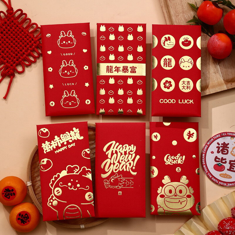漫画のギフトバッグ付きの赤い封筒、ラッキーなお金のパケット、新年と春のフェスティバル、ラッキーでhongbao、かわいいドラゴン、6個、2024