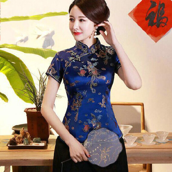Plus Size chinesische Stil klassische Bluse Frühling Sommer weibliche Tang-Stil Top-Shirt Retro Mandarine Kragen Brokat Overs hirt 3xl 4xl