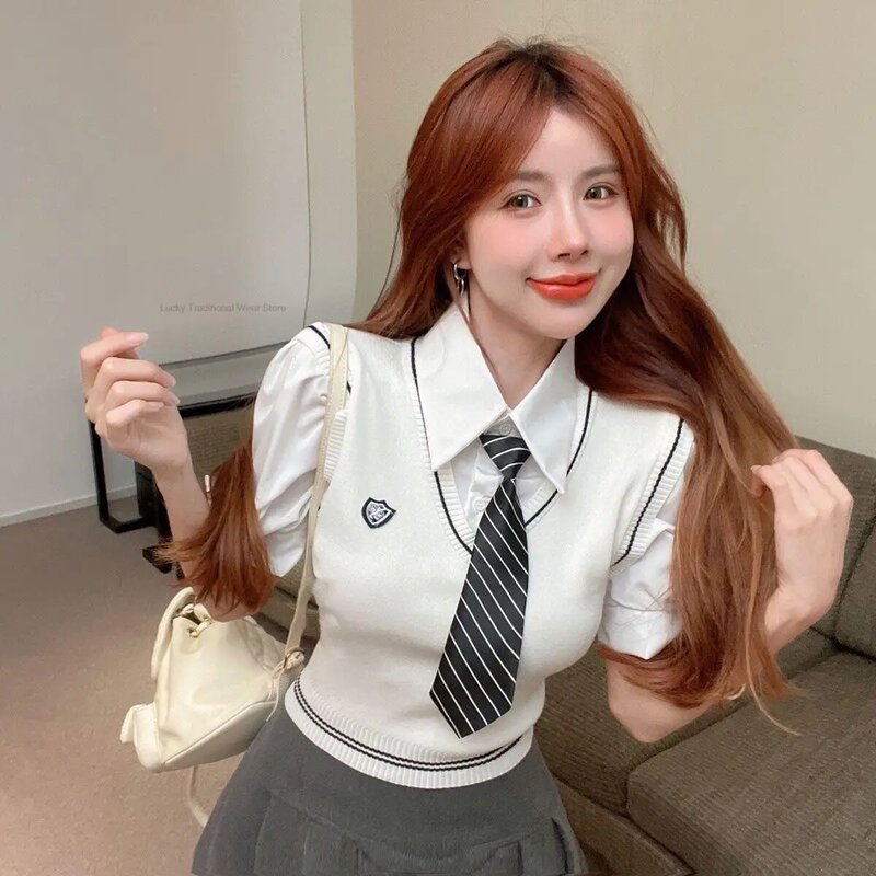 Korea Japanese Fashion Suit College Bubble Sleeve Short Chic Blouse Vest Pleated Skirt Suit Girl Casual Daily School Uniform Set