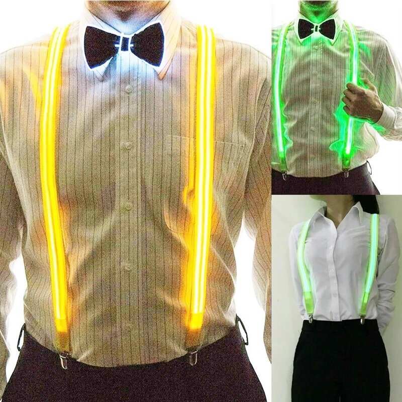 Men's Light Up LED Suspensórios Bow Tie, Unisex elástico ajustável calças suspensor, Led iluminado para Festival de Música Costume Party