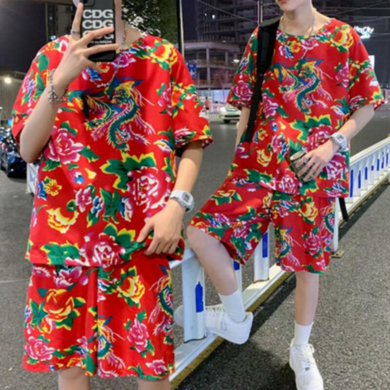 Conjunto retrô de pijama estampado estilo étnico chinês masculino, roupa floral, gola em O, top de manga curta, shorts de perna larga