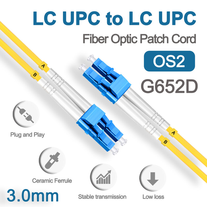 Lc upc光ファイバーパッチジャンパーケーブル、3.0mm、os2コード、singlemode、デュプレックス、1m、3m、5m、PVC、g652d、sm 1310、1550nm、fth