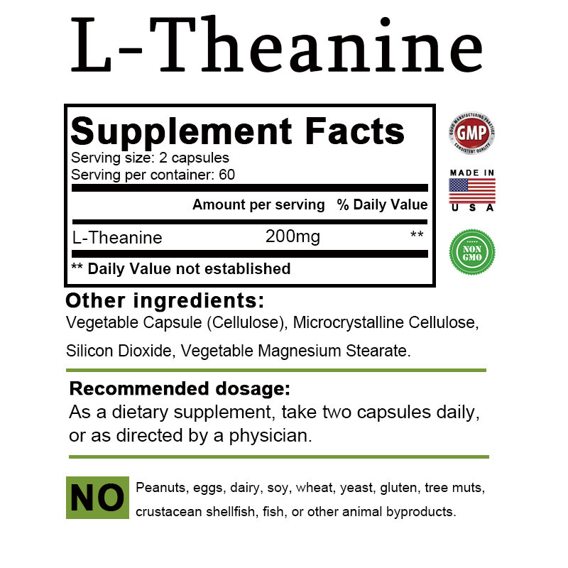 Capsules naturelles de L-théanine 200 mg, instituts soulignés, supplément d'humeur
