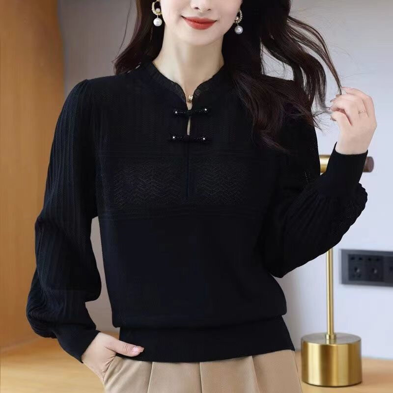Primavera autunno nuovo maglione di alta qualità donna collo Cheongsam Pullover temperamento girocollo maglieria fondo camicia donna