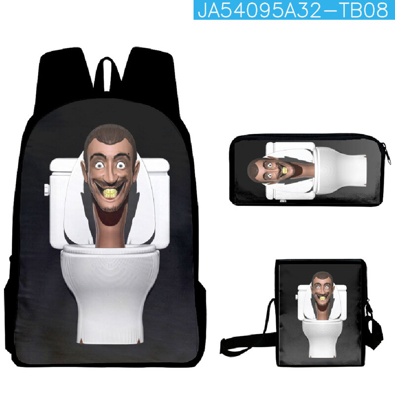 Skibidi-bolsas escolares con estampado 3D para ordenador portátil, mochila de hombro inclinado, estuche para lápices, 3 unidades por Set