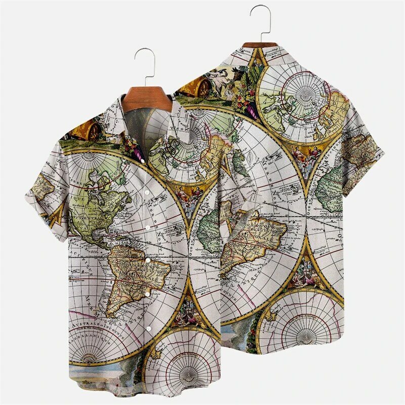 Camisa con estampado 3d de mapa para hombre y mujer, blusa Hawaiana de manga corta con botonadura única, ropa de moda, novedad de verano