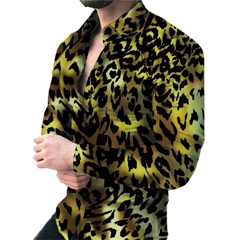 Camisa manga longa estampa de leopardo masculina, design de botões, blusa casual, moda primavera-verão, 2024