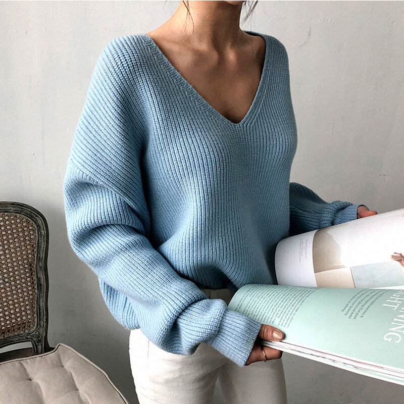 Модный вязаный свитер в Корейском стиле для женщин Осень/Зима Свободный пуловер с длинным рукавом и V-образным вырезом