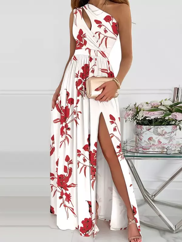 Elegant One-shoulder Summer Sexy Long Skirt Floral Commuter Gradient High Slit Hollow Out Party Evening Causal Mixi Dress
