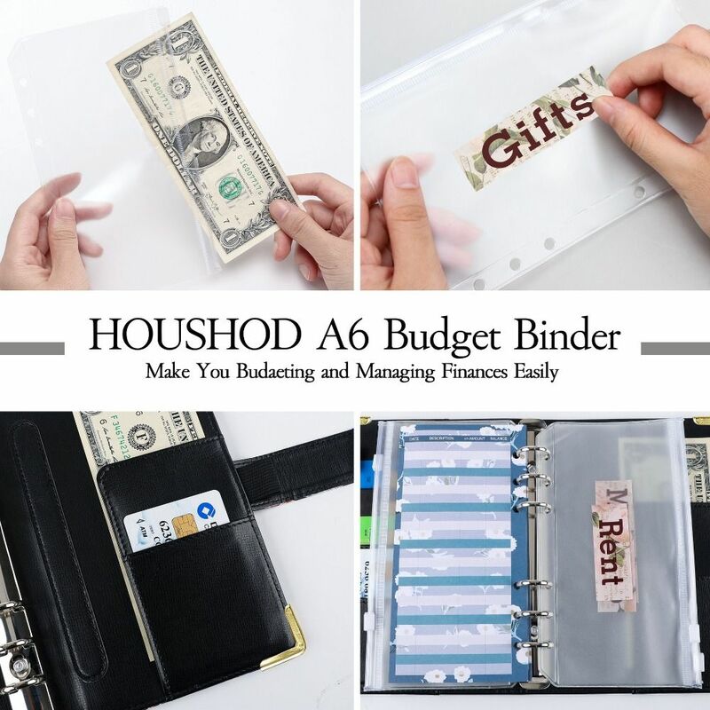 A6 PU Leather Budget Binder Notebook Cash Envelopes System Set with Binder Pockets for Money Budget Saving Bill Organizer