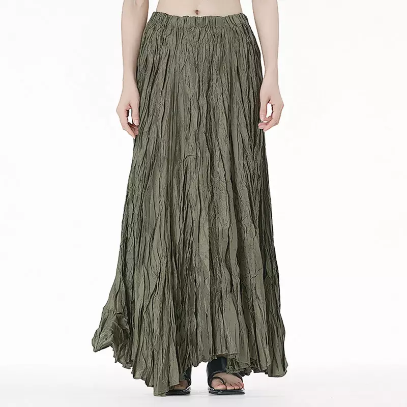 Casual Womens Solid A-Line Long Skirt Women Elegant Drape Crumpled Skirts High Waist Pleated Skirts Female Streetwear