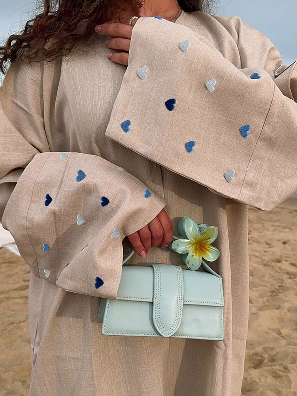 Maan Borduurwerk Abaya Met Losse Vleermuismouwen Ramadan Voor Vrouwen 2024 Linnen Kimono Open Gewaad Hart Ontwerp Islamitische Dameskleding