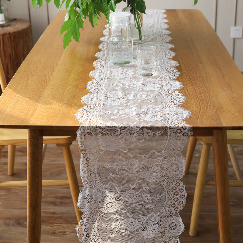 흰색 꽃무늬 레이스 테이블 러너, 연회 세례 웨딩 파티 테이블 장식용, 블랙 테이블 커버 의자 새시, 35x300cm, 1 개