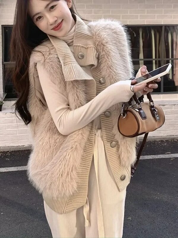 Gilet invernale cappotto donna senza maniche maglione lavorato a maglia Casual 2023 nuovo elegante monopetto spesso caldo cappotto di pelliccia sintetica giacca donna
