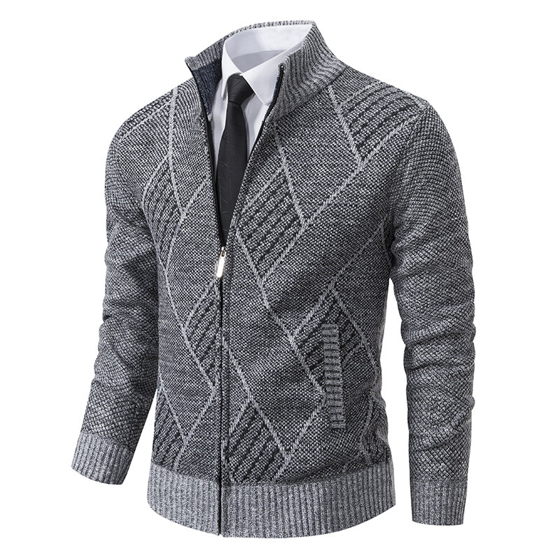Herfst Winterjassen Mannen Smart Casual Opstaande Kraag Sweatercoat Mode Geometrische Gebreide Bovenkleding Heren Slanke Jas Met Rits