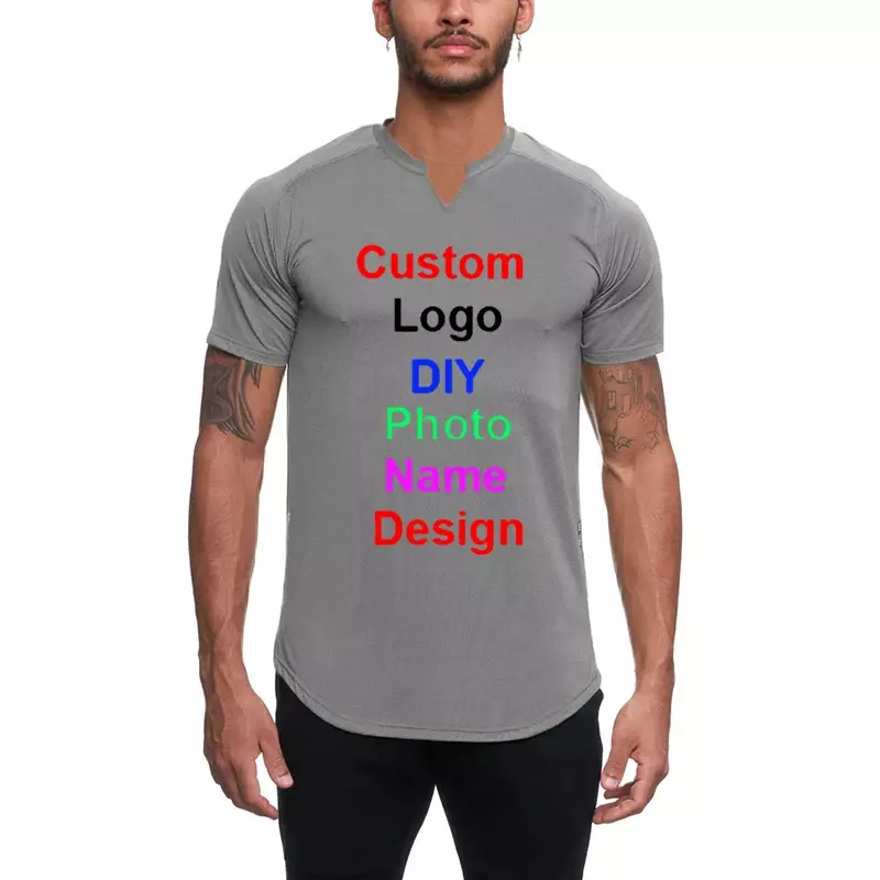 Custom Logo Polyester Snel Droog Heren V-Hals Casual Slim Fit Soild T-Shirts Gym Fitness Korte Mouw Ademende Zomershirts