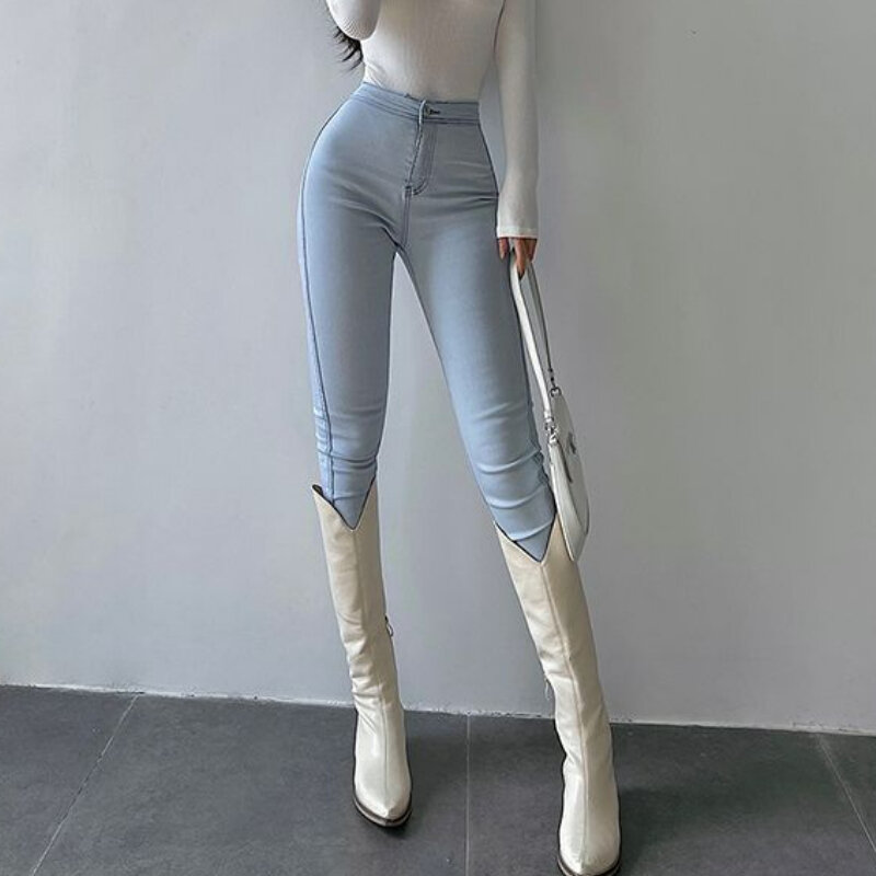 Herbst und Winter kurze Hosen hohe Taille enge Slim Fit Damen elastische Füße Jeans Bleistift hose