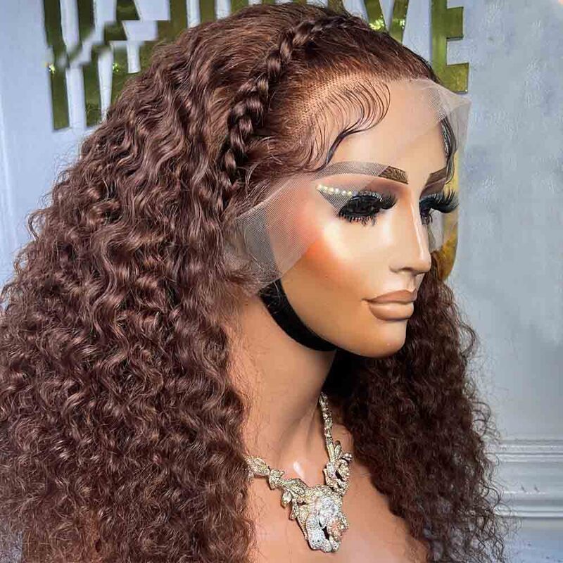 Long Dark Brown Kinky Curly Lace Front Wig para mulheres negras, cabelo do bebê, resistente ao calor, pré-arrancadas, Glueless, 180 Densidade, 26"