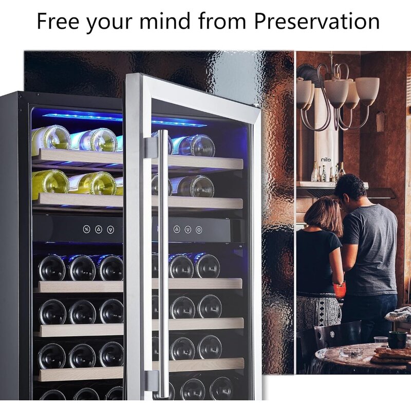 inch Wine Cooler, 46 Bottle - Dual Zone Built-in or Freestanding Fridge with Stainless Steel Reversible Glass Door, for Home