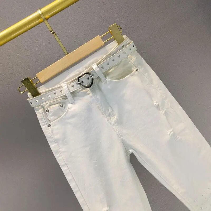 2023ฤดูใบไม้ผลิฤดูร้อนสีขาวกางเกงยีนส์ผู้หญิงใหม่ยุโรปยืดหยุ่นกระชับ Celana Jeans Denim Hot Rhinestone สูงเอวกางเกงรัดรูป