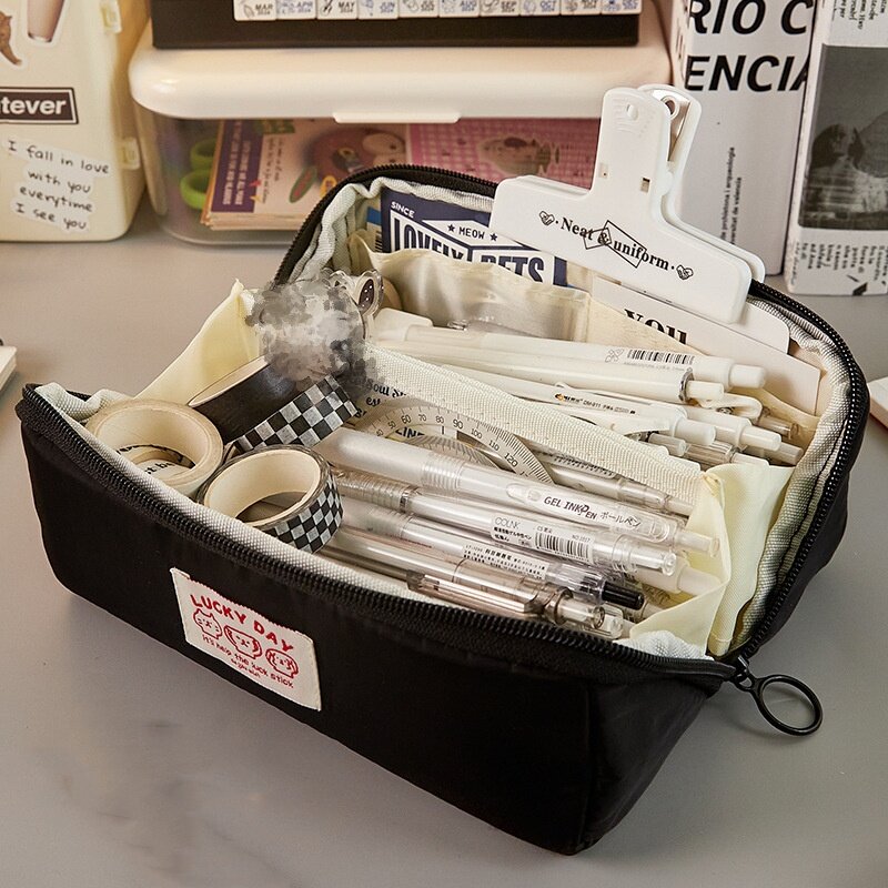 กล่องดินสอแบบเรียบง่ายสำหรับนักเรียน, กระเป๋าดินสอ MODE Korea สีดำสีขาวกระเป๋าผ้าใบเก็บของความจุสูงทนทาน1ชิ้น