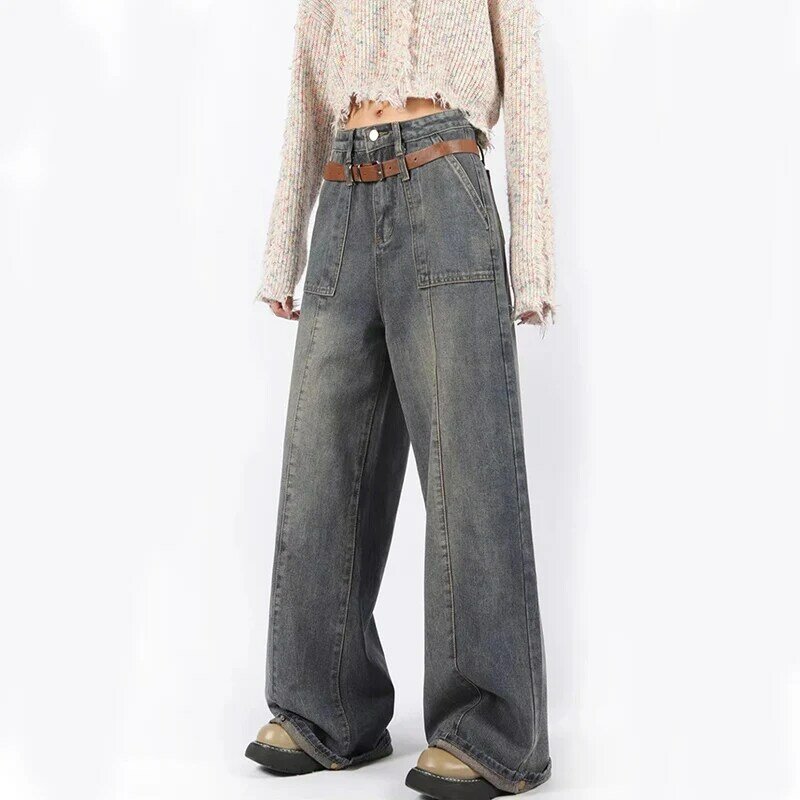 Pantalones vaqueros Vintage de pierna ancha para mujer, Vaqueros informales sueltos de cintura alta Y2K, ropa de calle estilo Hip Hop coreano, rectos, Bf, S-5XL