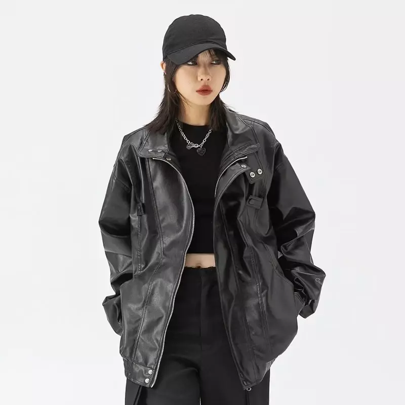 Jaqueta de couro vintage feminina, corta-vento gótico, streetwear casual, motoqueiro, grande tamanho, estilo coreano, jaquetas com zíper