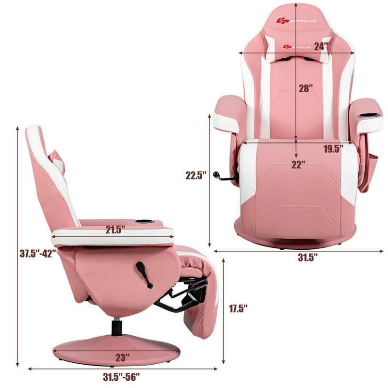 Массажное игровое кресло с откидывающейся спинкой, вращающееся гоночное кресло с держателем для чашки и подушкой
